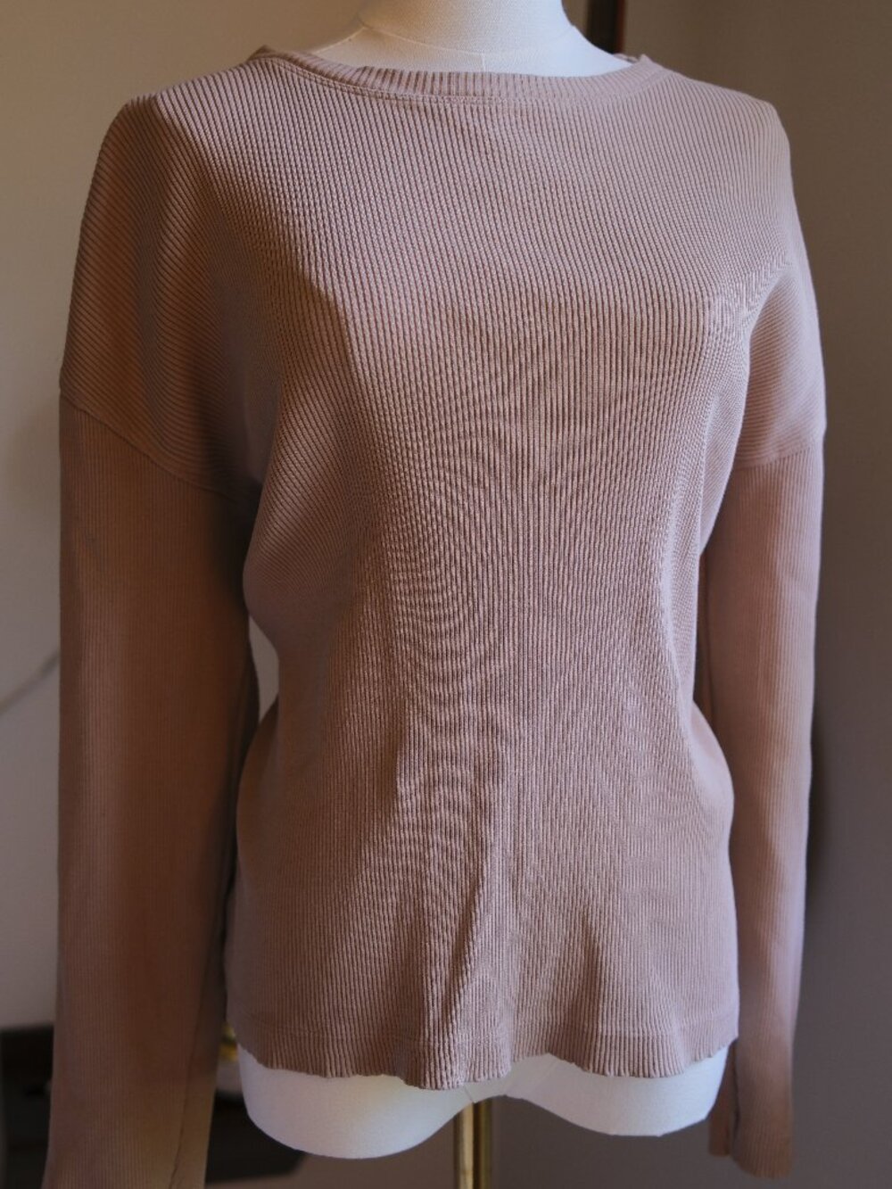 Zara Ribbed Long Sleeve Top Tan Crew Neck Fitted Basic Size S